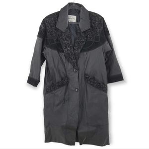 Vintage Winlit 1980s Leather Trench Coat Velour Rose Equestrian Embossed Grunge